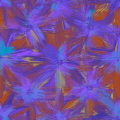 Abstract floral pattern in repeat. Purple and orange brush strokes.