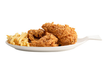 Fried chicken and potato chip served on white plate isolated on white background with clipping path, Junk food high calorie