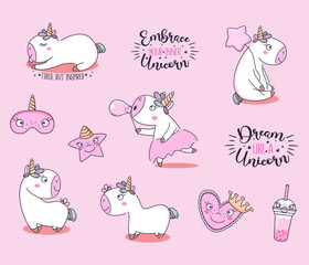 Cute cartoon magic unicorns collection. Vector illustration.