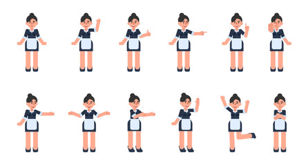 Set of housemaid characters showing various hand gestures. Cheerful maid pointing, greeting, showing victory sign, thumb up, stop and other gestures. Modern vector illustration