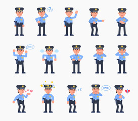 Set of policeman characters showing various emotions. Police officer thinking, angry, crying, laughing, dazed, in love and showing other expressions. Modern vector illustration