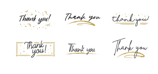 Thank you lettering. Black text word with gold stars. Hand drawn message design. Handwritten modern brush typo isolated vector. Scratched calligraphy style.