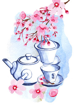 Japanese teapot.Porcelain crockery set watercolor drawing.