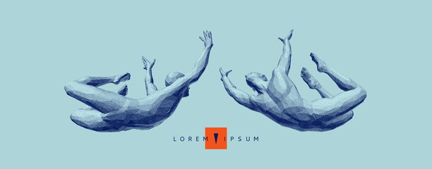 Leadership, freedom or development concept. Сouple jumping face to face. Gymnastics activities for icon health and fitness community. Pixel art. 3D vector illustration.