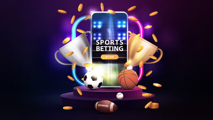 Podium with smartphone, champion cups, falling gold coins, sport balls and gradient neon square frame in dark empty scene. Sports betting, banner for your business © DDevicee
