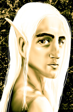 A Realistic Portrait Of An Elf Man With Yellow Eyes And Snow-white Hair