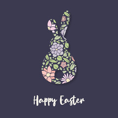 Easter bunny with floral texture and wishes. Vector