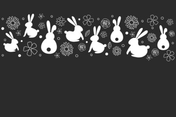 Easter background with cute with bunnies flowers. Vector