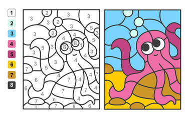 Color by numbers sea and ocean life. Puzzle game for children education, colors for drawing and learning mathematics