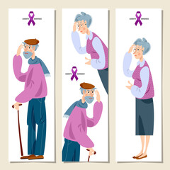 Set of 3 universal banners with elderly woman and man with dementia. Dementia awareness