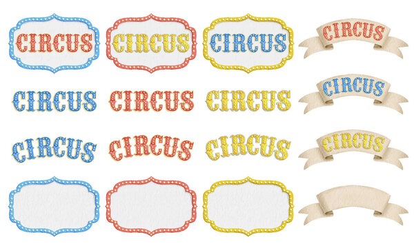 Circus vintage logo badge and banner of vector illustration set. Circus and carnival retro logo, frame and ribbon.  