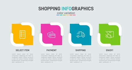 Concept of shopping process with 4 successive steps. Four colorful graphic elements. Timeline design for brochure, presentation, web site. Infographic design layout.