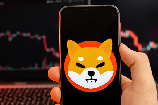 Shiba Inu SHIB cryptocurrency logo on the screen of smartphone in mans hand with downtrend on the chart on a red light background, February 2022, San Francisco, USA.