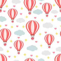 Nahtloses Muster mit rosafarbenem Heißluftballon, der zwischen den Wolken am Himmel fliegt. Vektorbeschaffenheitsillustration für Postkarte, Gewebe, Dekor, Papier, Beschaffenheit, Verpackung.