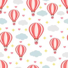 Foto auf Acrylglas Heißluftballon Nahtloses Muster mit rosafarbenem Heißluftballon, der zwischen den Wolken am Himmel fliegt. Vektorbeschaffenheitsillustration für Postkarte, Gewebe, Dekor, Papier, Beschaffenheit, Verpackung.