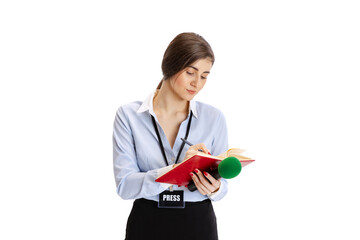 Young beautiful girl, female journalist holding reporter microphone isolated on white studio...