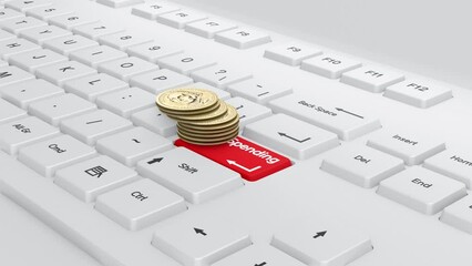 US Dllar Coins Stack on the White Keyboard Enter Key. Spending Text Online Shopping concept