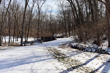 The empty snowy pathway in the park on a sunny day.