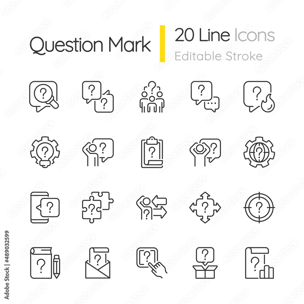 Poster question mark linear icons set. information and communication system. customizable thin line symbols