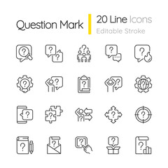 Obraz na płótnie Canvas Question mark linear icons set. Information and communication system. Customizable thin line symbols. Isolated vector outline illustrations. Editable stroke. Quicksand-Light font used