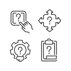 Questions and answers in technical support linear icons set. Digital data storage. Access to information. Customizable thin line symbols. Isolated vector outline illustrations. Editable stroke