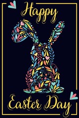easter bunny silhouette with patterns, flowers, swirls inside - happy easter day, cute vector illustration in flat style for card, invitation, dark blue background