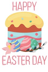 easter cake, eggs, willow - happy easter day, cute flat style vector illustration for card, invitation, souvenir isolated, white background