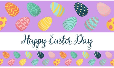 colorful easter eggs with simple cute patterns on lilac background - happy easter day, vector seamless horizontal border, flat style