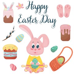 easter set - rabbit in a dress, Easter cakes, eggs, willow, bag, decorative, decoration, cute vector illustration for a card, invitation