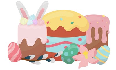 easter illustration - traditional Easter cakes, painted eggs, willow and spring flowers, vector illustration in a flat style for a card, invitation, souvenir, a white background