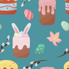traditional easter cakes and painted eggs, willow, cute vector seamless pattern in flat style, blue background