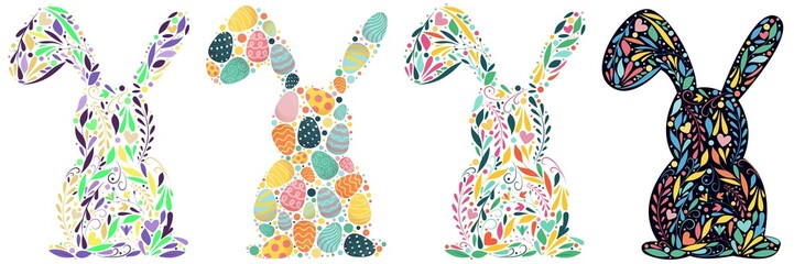 set of easter bunny silhouettes filled with easter eggs and colored confetti circles, patterns, flowers, swirls, leaves, cute vector illustration for a card, invitation, souvenir, a white background