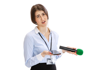 Young beautiful girl, female journalist holding reporter microphone isolated on white studio...