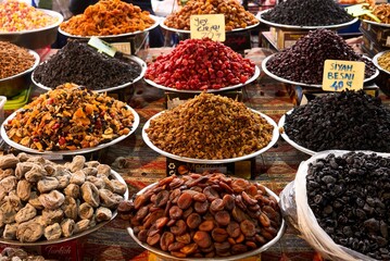 Dried berries on the counter. Raisins, dried apricots, prunes. Vegan food. healthy food. High quality photo
