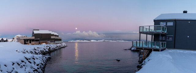 panoramic view sunset in Hamn, Senja on a clear cold winter day