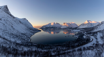 panoramic view fjord Bergsbotn on island Senja, Norway  in winter