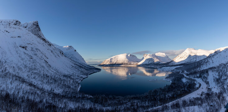 panoramic view fjord Bergsbotn on island Senja, Norway  in winter