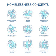 Homelessness turquoise concept icons set. Social barriers idea thin line color illustrations. Promote nearby shelters. Isolated symbols. Editable stroke. Roboto-Medium, Myriad Pro-Bold fonts used