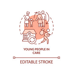 Young people in care terracotta concept icon. Living alone at younger age abstract idea thin line illustration. Isolated outline drawing. Editable stroke. Arial, Myriad Pro-Bold fonts used