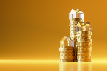 Rising stacks of Euro coins topped with model houses made from acrylic glass. Seamless yellow...