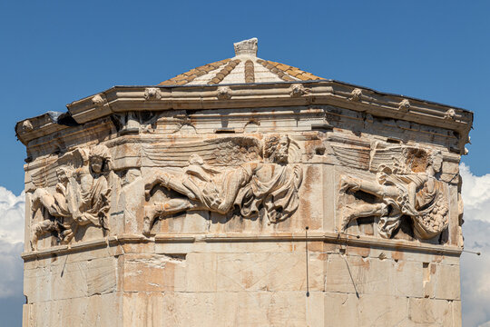 Tower of the WindAthens, Greece. The Tower of the Winds or the Horologion of Andronikos Kyrrhestes, an octagonal Pentelic marble clocktower in the Roman Agoras in Athens, Greece