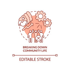 Breaking down community life terracotta concept icon. Destructive problem abstract idea thin line illustration. Isolated outline drawing. Editable stroke. Arial, Myriad Pro-Bold fonts used