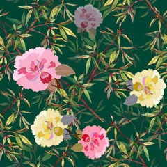 Fotobehang Floral seamless pattern with flowers peony. Flowers and leaves on green background. © Olga Kleshchenko