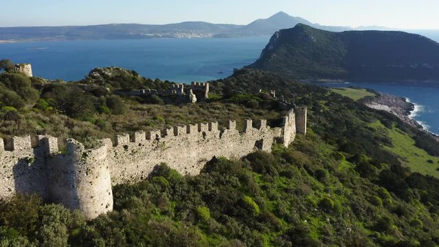 Aerial view of a fortified wall of Old Navarino Castle near Pylos
