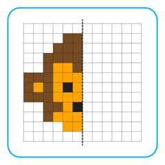 Picture reflection educational game for kids. Learn to complete symmetrical worksheets for preschool activities. Tasks for coloring grid pages, picture mosaics, or pixel art. Finish the monkey face.