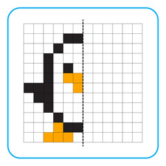 Picture reflection educational game for kids. Learn to complete symmetrical worksheets for preschool activities. Tasks for coloring grid pages, picture mosaics, or pixel art. Finish the little penguin