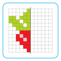 Picture reflection educational game for kids. Learn to complete symmetry worksheets for preschool activities. Tasks for coloring grid pages, picture mosaics, or pixel art. Finish the red radish.