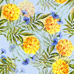 Floral background with flowers marigold and cornflowers. Seamless pattern with ornament painting in watercolor.