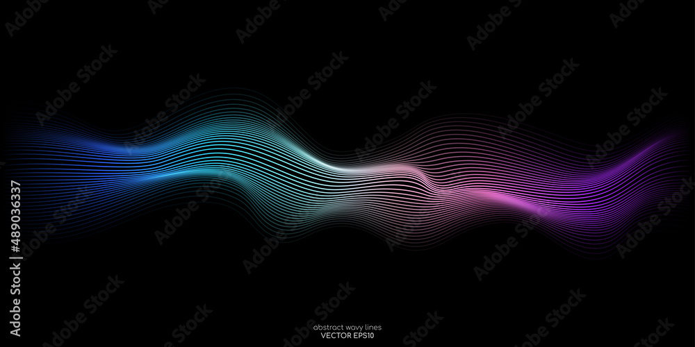 Aufkleber Vector wave lines flowing dynamic in colorful isolated on black background for concept of AI technology, digital, communication, science, music
