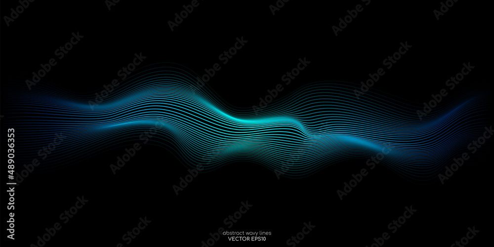 Poster vector wave light line wavy flowing blue green color isolated on black background for concept of ai 